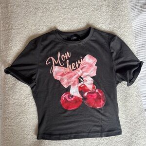 Cider Black Tee with Pink Bow and Red Cherry Graphic